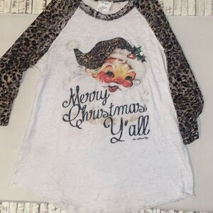 Merry Christmas Yall Leopard Print Santa Shirt Medium lucky and blessed